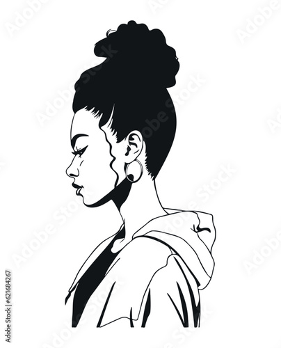 Black woman face. Portrait of african american woman with pretty face. Afro messy bun hairstyle. Simple black silhouette graphic. Cartoon style. Vector illustration on white isolated background.