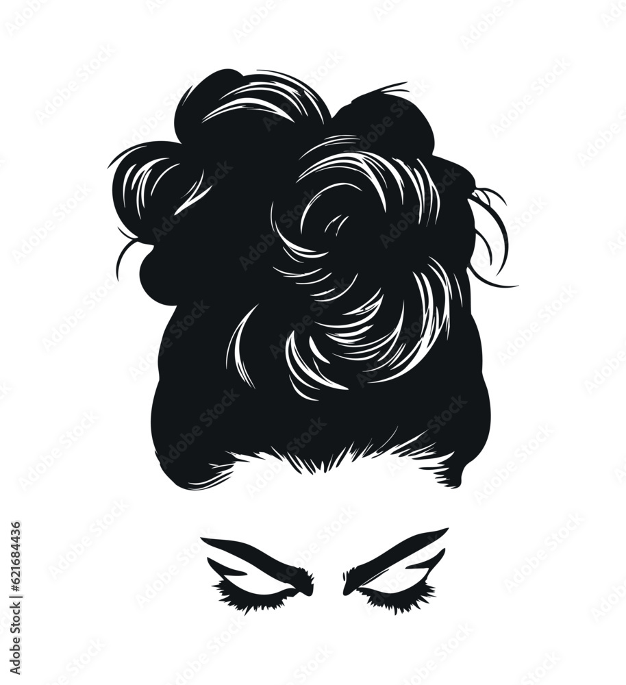 Girl with messy bun hair. Messy bun hairstyle with eyelashes. Simple