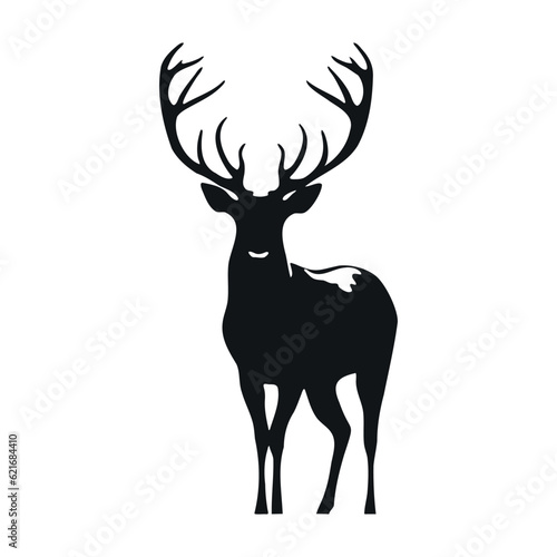 Black silhouette of a deer. Big horns wild animal. Simple black silhouette graphic. Cartoon style. Vector illustration on white isolated background.