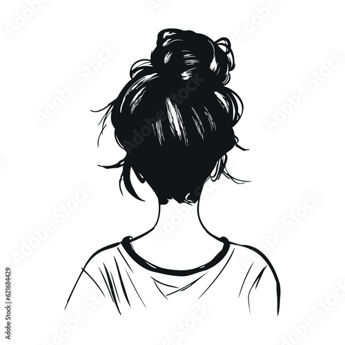 Girl with messy bun hair, back view. Messy bun hairstyle from behind. Simple black silhouette graphic. Cartoon style. Vector illustration on white isolated background.