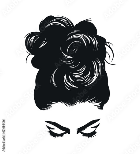 Girl with messy bun hair. Messy bun hairstyle with eyelashes. Simple black silhouette graphic. Cartoon style. Vector illustration on white isolated background.