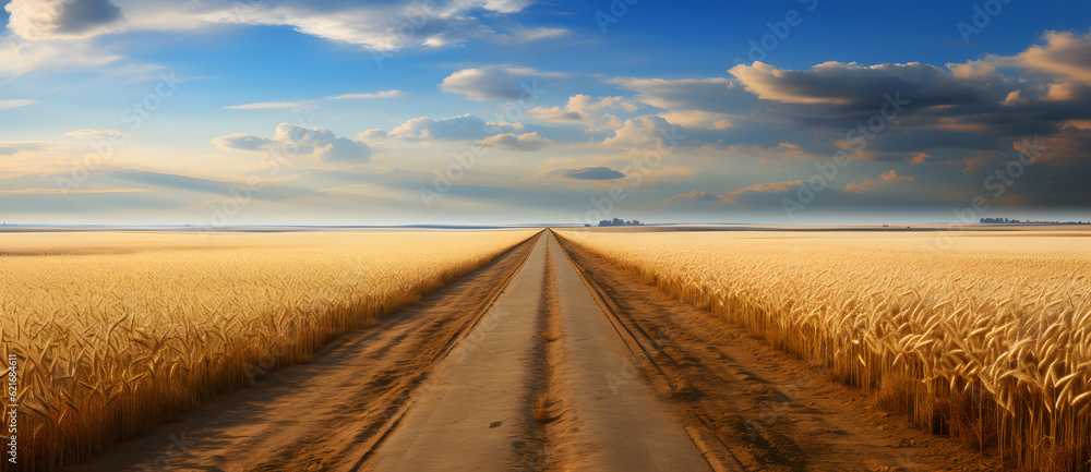a dirt road splits in two into a wide open field of wheat Generated by AI