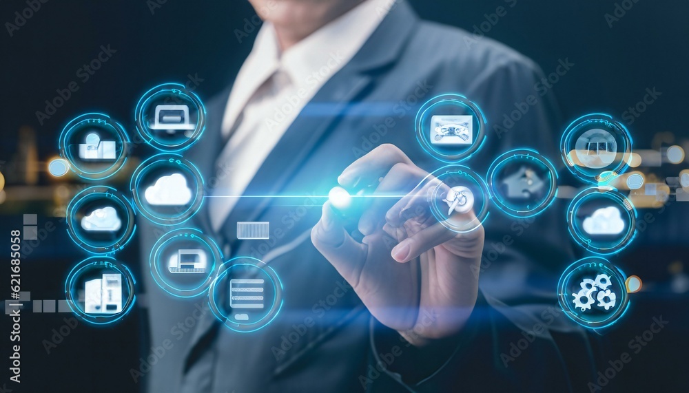 businessman pressing network icon businessman pressing network icon