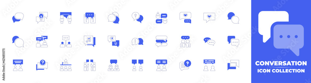 Conversation icon collection. Duotone style line stroke and bold. Vector illustration. Containing speech bubble, brainstorming, dialogue, conversation, talk, chat, chatting, engagement, and more.
