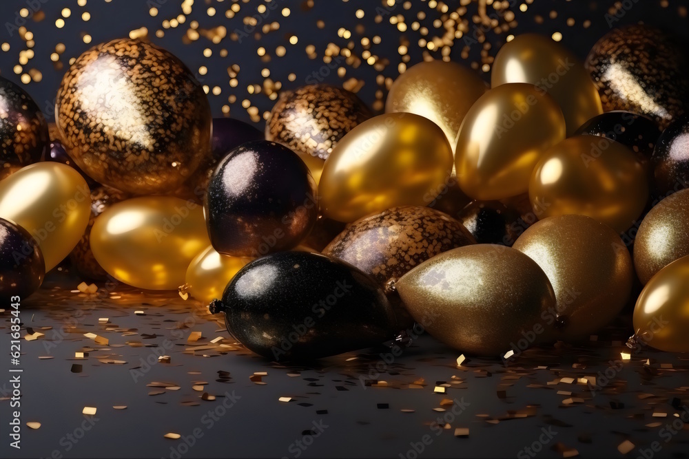 Naklejka premium Golden Balloons Floating on a Confetti-Filled Background, Ideal for New Year's Panels, Photography, and Capturing the Beauty of Joyous Moments. Generative AI