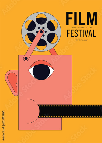 Movie poster design template background with vintage film reel