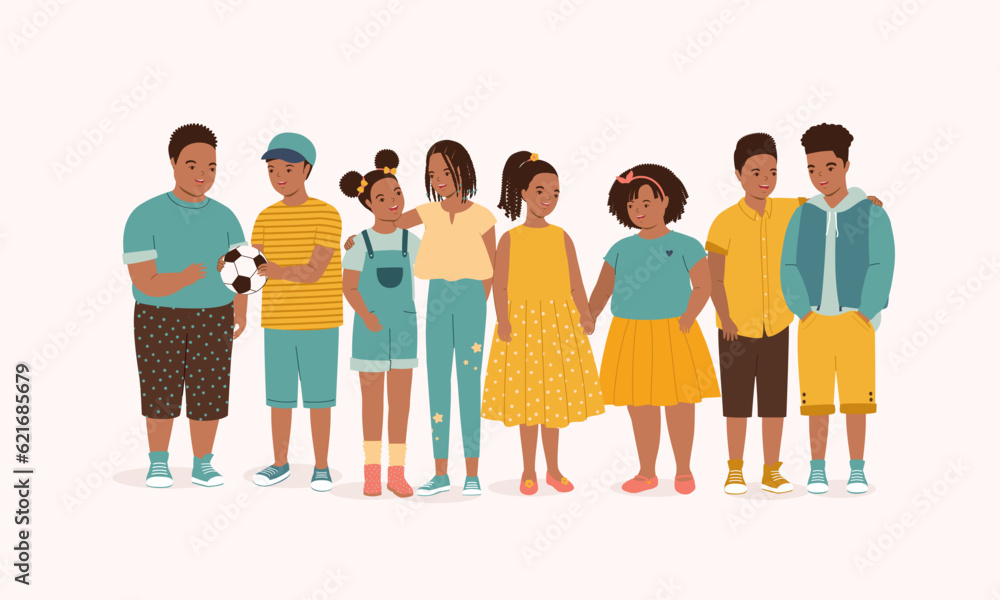 Group Of Smiling Little Black Kids With Different Hair Styles And Body Sizes Interacting With Each Other In Various Ways. Full Length. Flat Design Style, Character, Cartoon. Group Of Smiling Little Black Kids With Different Hair Styles And Body Sizes Interacting With Each Other In Various Ways. Full Length. Flat Design Style, Character, Cartoon.