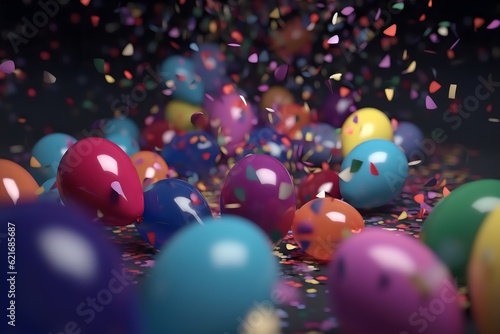  Flying Multicolored Balloons Soaring High on a Confetti-Filled Background, Creating a Stunning Visual for New Year's Panels, Photography, and Festive Delights. Generative AI