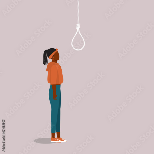 Depressed Teenage Black Girl Standing And Looking At The Rope Is About To Commit Or Attempt A Suicide By Hanging Herself. Full Length. Flat Design Style, Character, Cartoon.