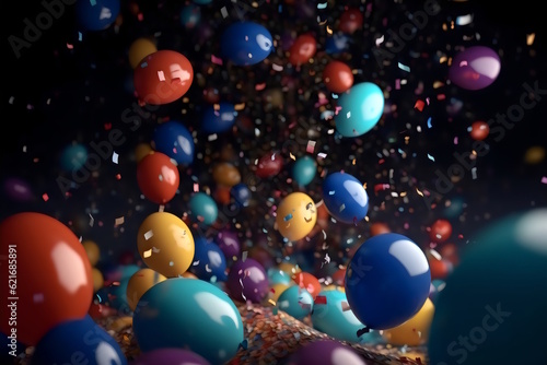 Flying Multicolored Balloons on a Confetti Background, Perfect for New Year's Panels, Photography, and a Beautiful Party Ambience. Generative AI © Akash