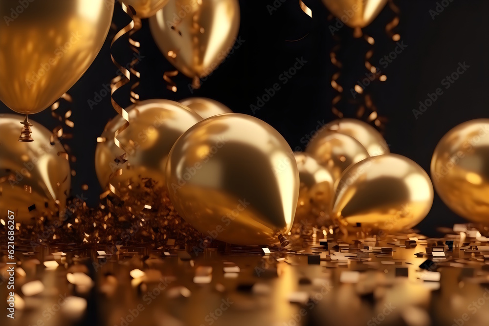 Gold Foil Balloons on a Shiny Serpentine Gold Glitter Confetti Background, Perfect for Photography, New Year's Celebration, Birthday, Party. Generative AI Gold Foil Balloons on a Shiny Serpentine Gold Glitter Confetti Background, Perfect for Photography, New Year's Celebration, Birthday, Party. Generative AI
