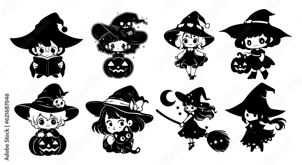 Naklejka premium Set of cute kawaii witches with pumpkin. Black little witch silhouette. Anime spooky cartoon style. Halloween trick or treat funny characters. Vector flat illustration isolated on white background.