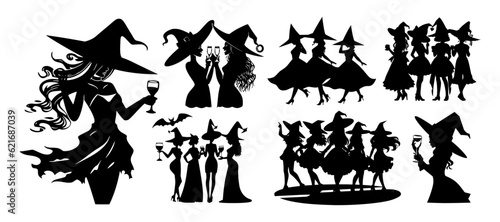 Set of dancing and drinking witches at a Halloween party. Women in witch costume. Black silhouette. Hand drawn cartoon style. Vector flat illustration isolated on white background.