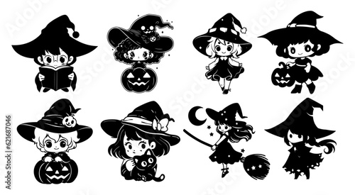 Set of cute kawaii witches with pumpkin. Black little witch silhouette. Anime spooky cartoon style. Halloween trick or treat funny characters. Vector flat illustration isolated on white background.