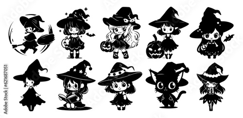 Set of cute kawaii witches with pumpkin. Black little witch silhouette. Anime spooky cartoon style. Halloween trick or treat funny characters. Vector flat illustration isolated on white background.