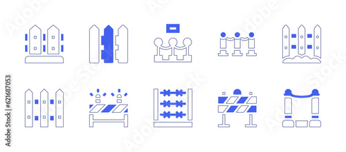Fencing icon set. Duotone style line stroke and bold. Vector illustration. Containing fences, fence, vip, railing, barbed wire, barrier.