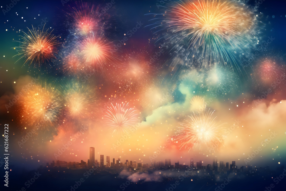 Enchanting New Year's Skyline: Vibrant Fireworks Display Illuminating the Night with Magical Splendor. Generative AI Enchanting New Year's Skyline: Vibrant Fireworks Display Illuminating the Night with Magical Splendor. Generative AI