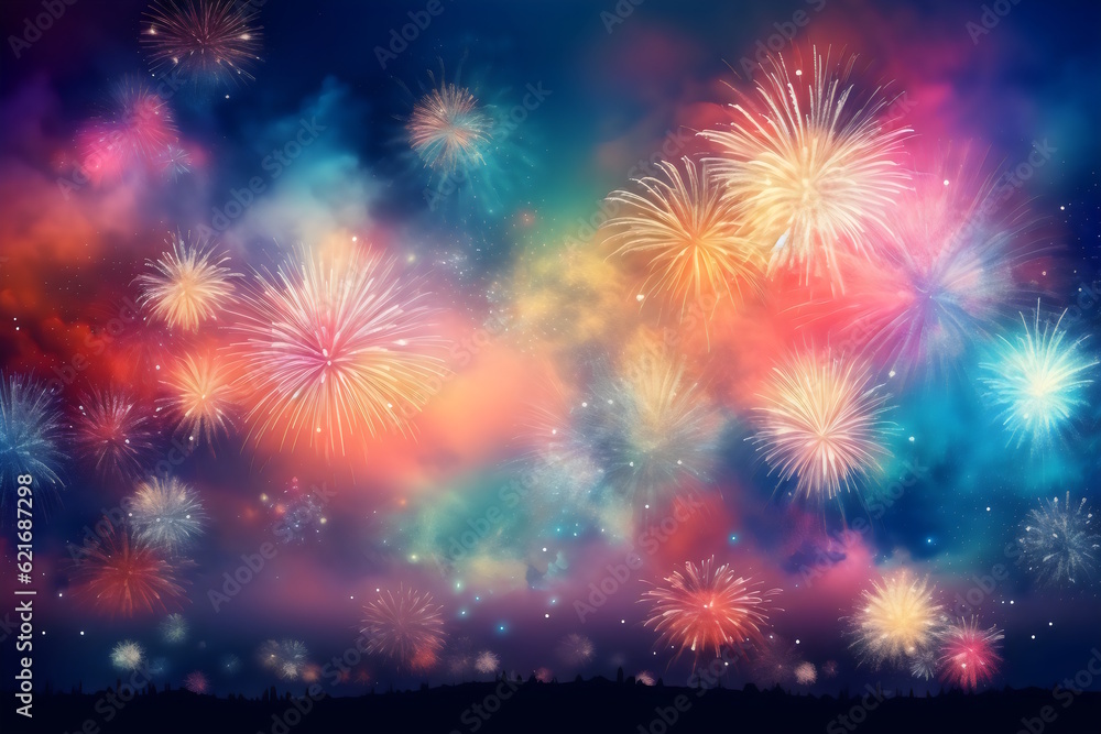 Fototapeta premium Midnight Fireworks Spectacle: A Vibrant Celebration to Welcome the New Year with Joy and Splendor. Generative AI