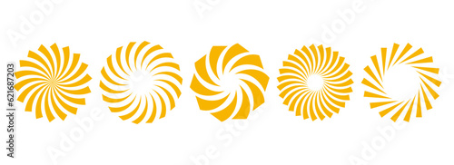 Golden curled sunburst circles collection. Stylized radial spinning elements. Yellow geometric round twisted rays, beams or stars pack. Vector concept symbols for banner, badge, sticker, poster
