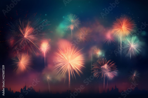Enchanting New Year s Skyline  Vibrant Fireworks Display Illuminating the Night with Magical Splendor. Generative AI