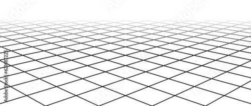 Fading diagonal wireframe grid. Vanishing checkered tile floor landscape. Horizontal chessboard plane in perspective. Black and white flat lattice surface background. Vector illustration 