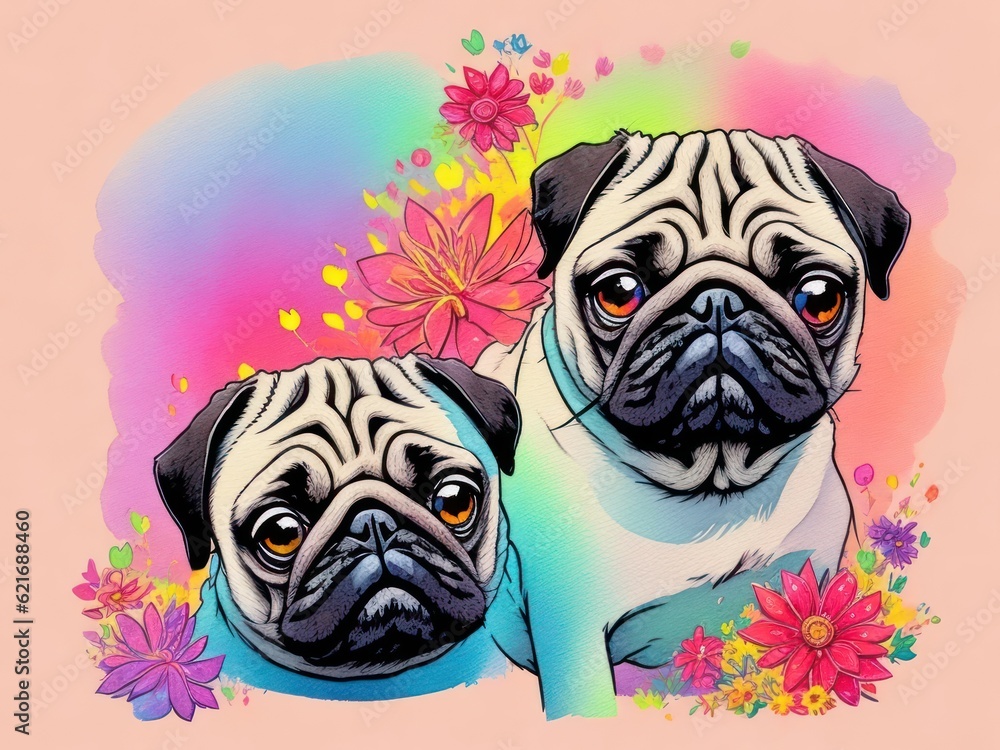 pug with colorful flower painted with watercolors on a white background.generative AI