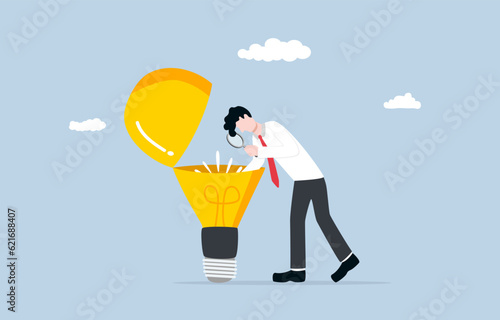 Business insight, deep understanding to make decision better, in-depth analysis for competitive advantage concept, Businessman looking into light bulb inside.