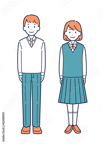 正面を向いて立つ学生の男女＿全身