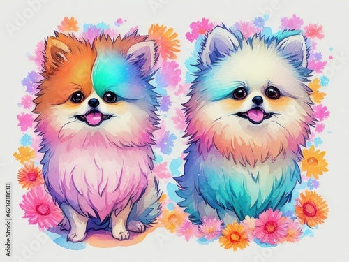 Pomeranian with colorful flower painted in watercolor on a white background.generative AI
