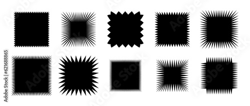 Zig zag edge square shape collection. Jagged elements set. Black graphic design elements for decoration, banner, poster, template, sticker, badge. Vector