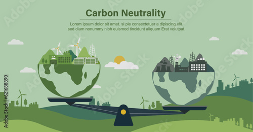 CO2 neutral linear concept. Balance between CO2 carbon emissions and the earth. Nature. Ecosystem. Offset greenhouse gas smoke. neutral carbon net zero footprint