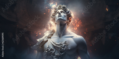 Apollo bust sculpture, Ancient Greek god of Sun and Poetry. Generative AI