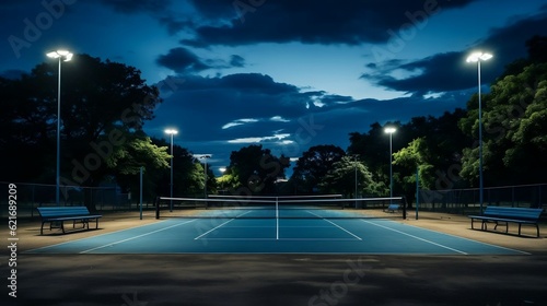 Expansive tennis court with stands  trees  sky