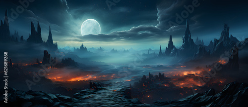 a dark fantasy landscape shows the rising moon and fire Generated by AI