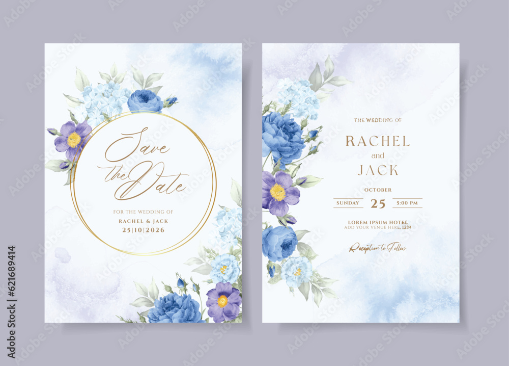 Watercolor wedding invitation template set with beautiful blue purple floral and leaves decoration