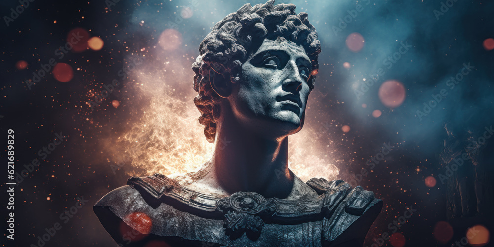 Apollo bust sculpture, Ancient Greek god of Sun and Poetry. Generative AI