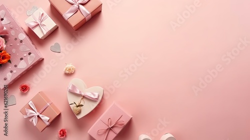 Valentine day background design with a collection of Gift box and pink flowers