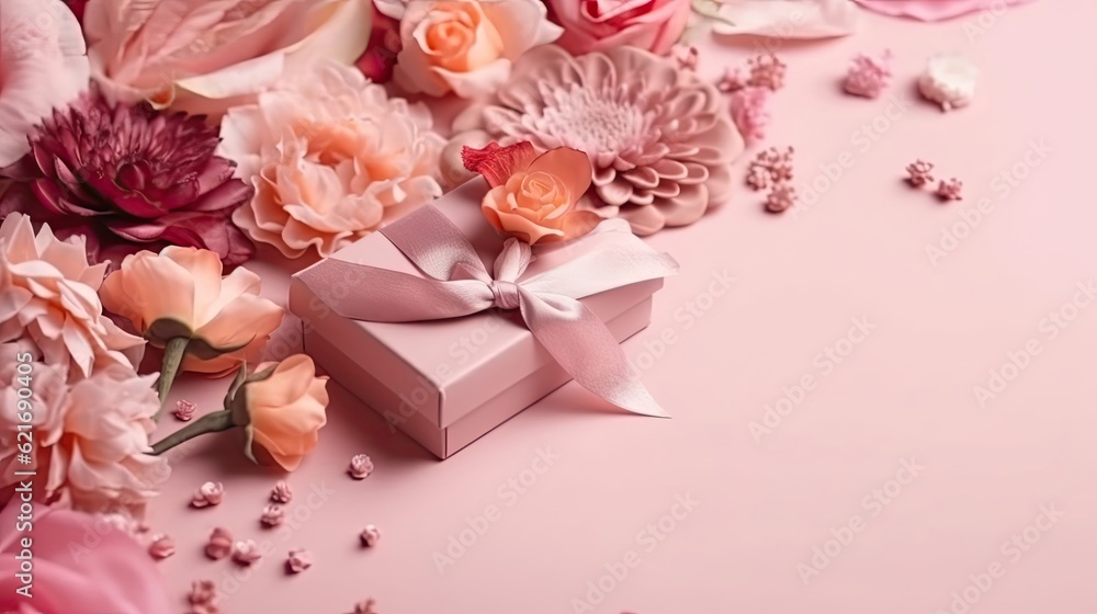 Valentine day background design with a collection of Gift box and pink flowers Valentine day background design with a collection of Gift box and pink flowers
