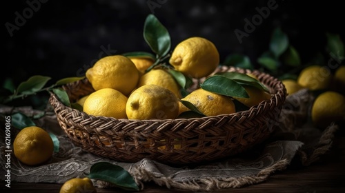 Fresh Lemon in a bamboo basket with blurred background
