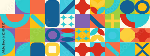 Geometric mosaic, bauhaus pattern. Modern geometry figure, shape. Bauhaus. Geometric mosaic. Minimal mural texture. Scandinavian. Geometric mosaic print. 50s, 60s, retro wallpaper. Vector illustration