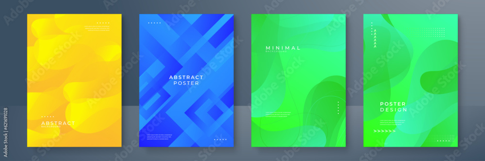 Modern abstract covers layout design template, Vivid and bright colors gradient, Annual report design, Poster and Banner, 4 set sign, Flat style vector illustration artwork. Modern abstract covers layout design template, Vivid and bright colors gradient, Annual report design, Poster and Banner, 4 set sign, Flat style vector illustration artwork.