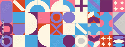 Geometric mosaic, bauhaus pattern. Modern geometry figure, shape. Bauhaus. Geometric mosaic. Minimal mural texture. Scandinavian. Geometric mosaic print. 50s, 60s, retro wallpaper. Vector illustration