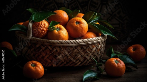 Fresh Mandarin in a bamboo basket with blurred background