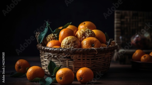 Fresh Mandarin in a bamboo basket with blurred background