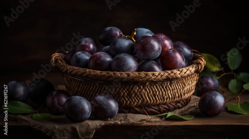 Closeup Fresh Plum Fruits in a bamboo basket with blur background
