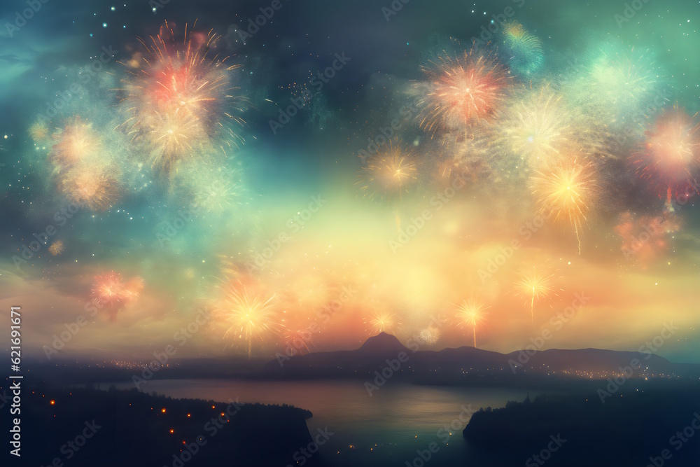 Midnight Fireworks Spectacle: A Vibrant Celebration to Welcome the New Year with Joy and Splendor. Generative AI