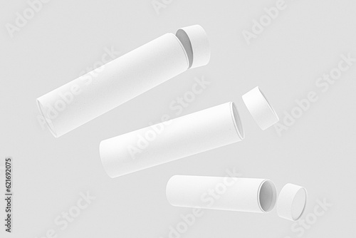 Obraz na plátně Set of Cylinder Paper box mockup,  Rotate paper tube with lid open floating on w