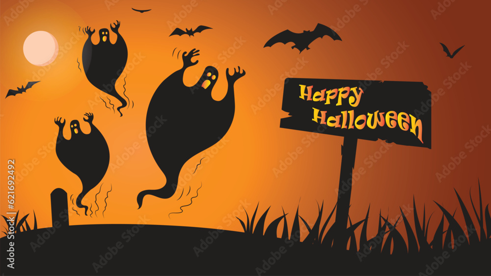 Happy halloween wish on wood with vector illustration, spooky scary ghosts, bats, and grave