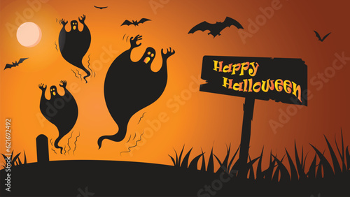 Happy halloween wish on wood with vector illustration, spooky scary ghosts, bats, and grave