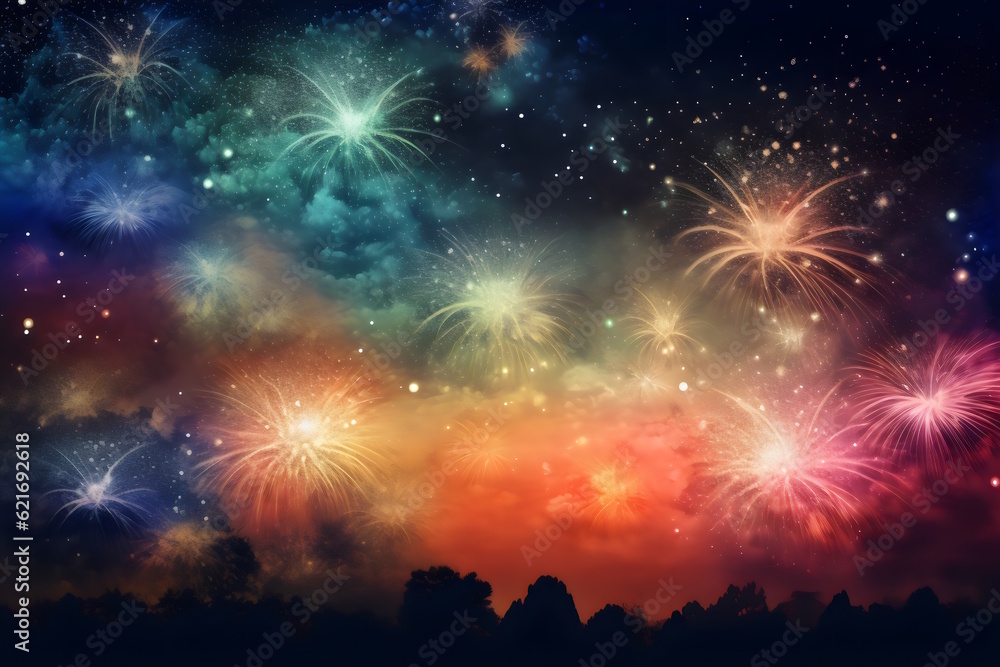 New Year's Party Fireworks: Vibrant Horizontal Background for a Dazzling Celebration. Generative AI New Year's Party Fireworks: Vibrant Horizontal Background for a Dazzling Celebration. Generative AI